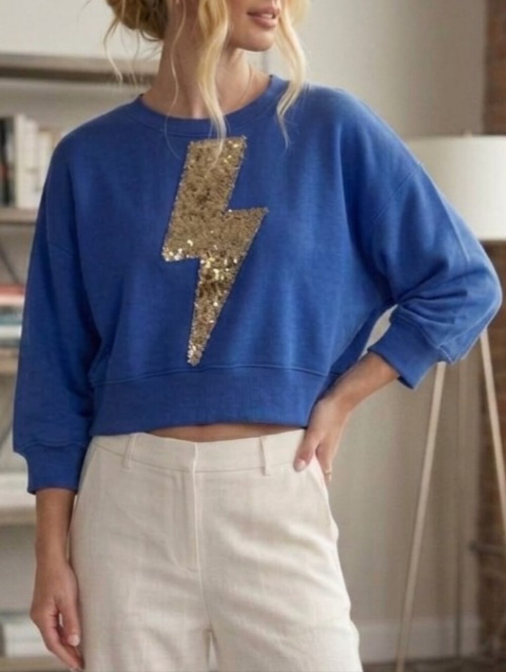 Judith March Blue Oversized Cropped Large Sweatshirt with Gold Glitter Lightning
